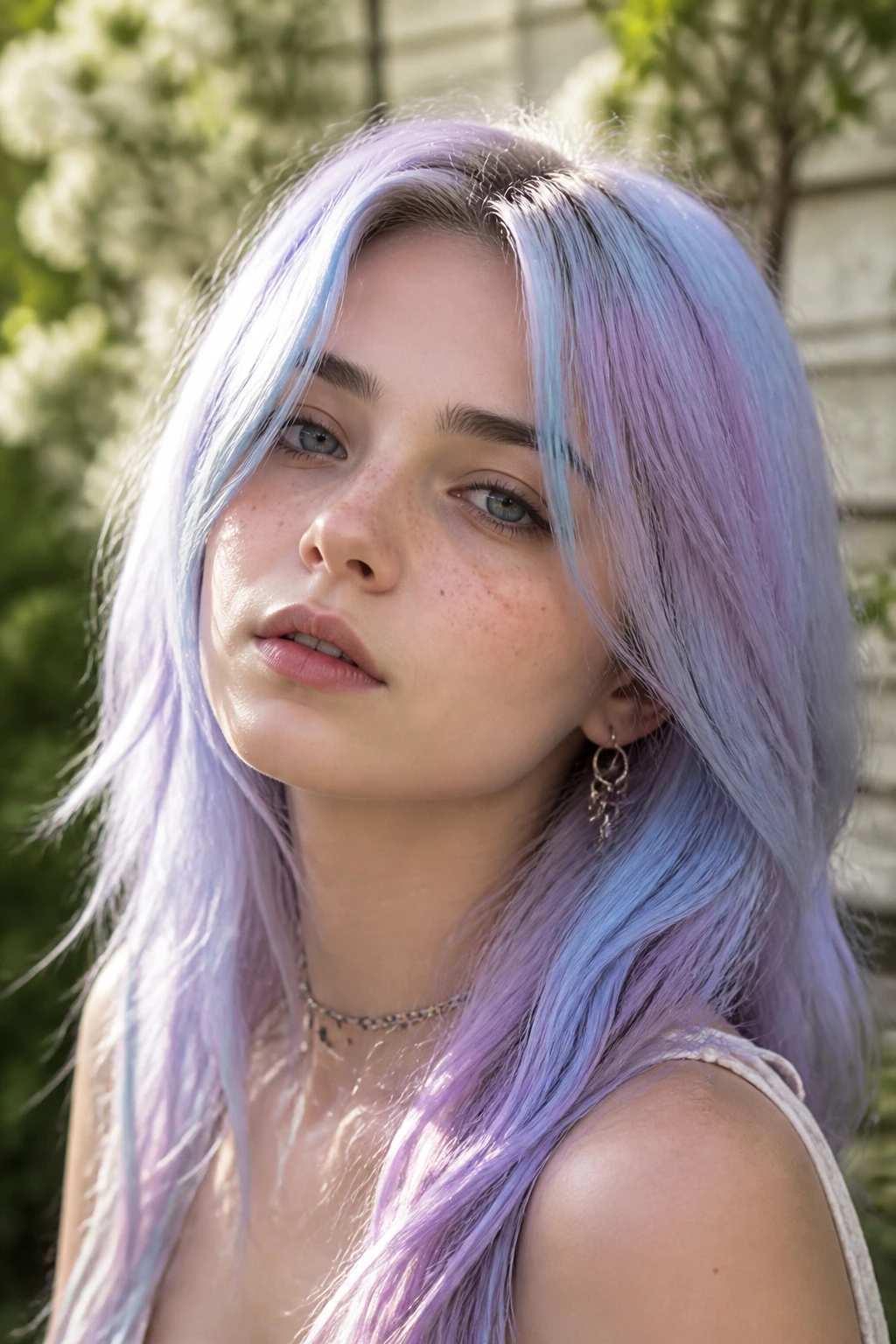 Close-up portrait of a real person with blueberry milk hair
