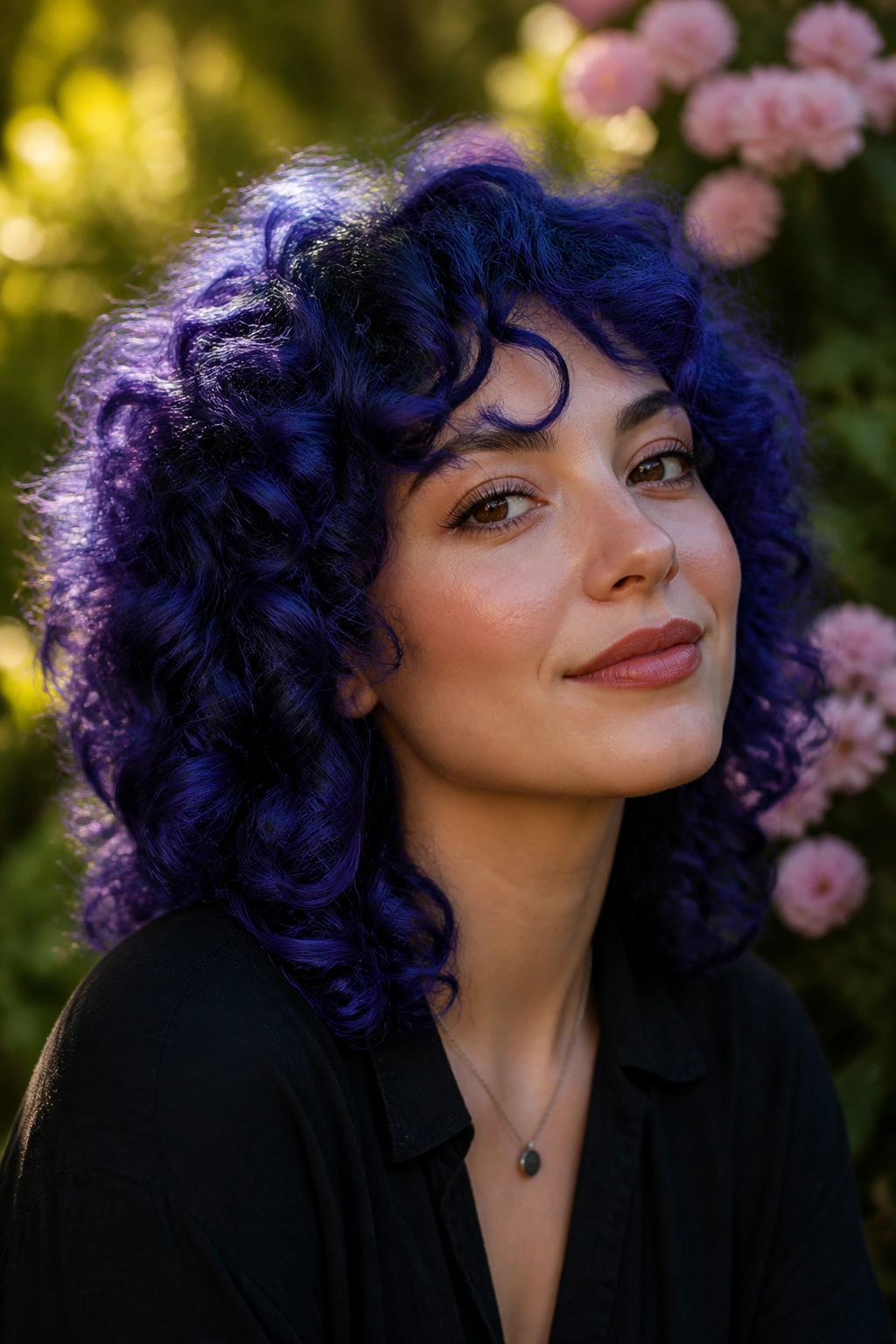 Close-up of a person with blueberry purple curls in natural outdoor light.