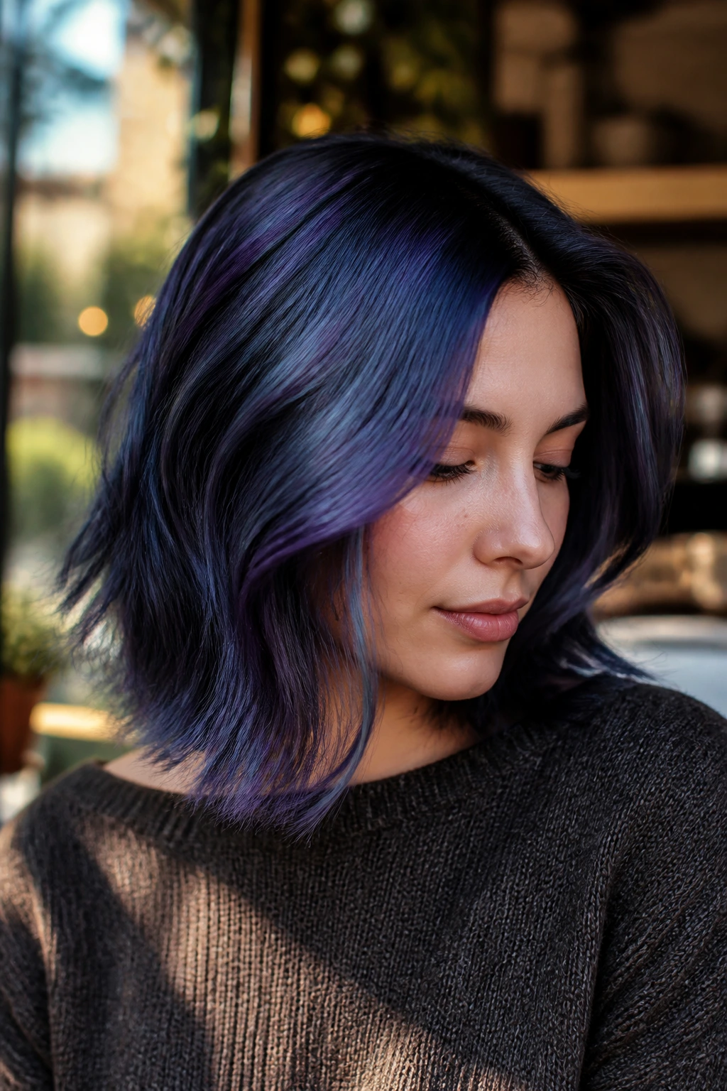 Close-up portrait of a real woman with blueberry smoke glaze hair in navy violet slate tones
