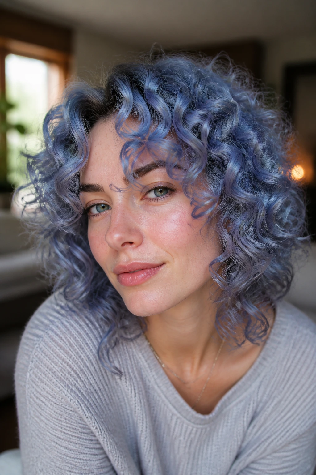 Close-up portrait of a real woman with blueberry sorbet curls in natural window light