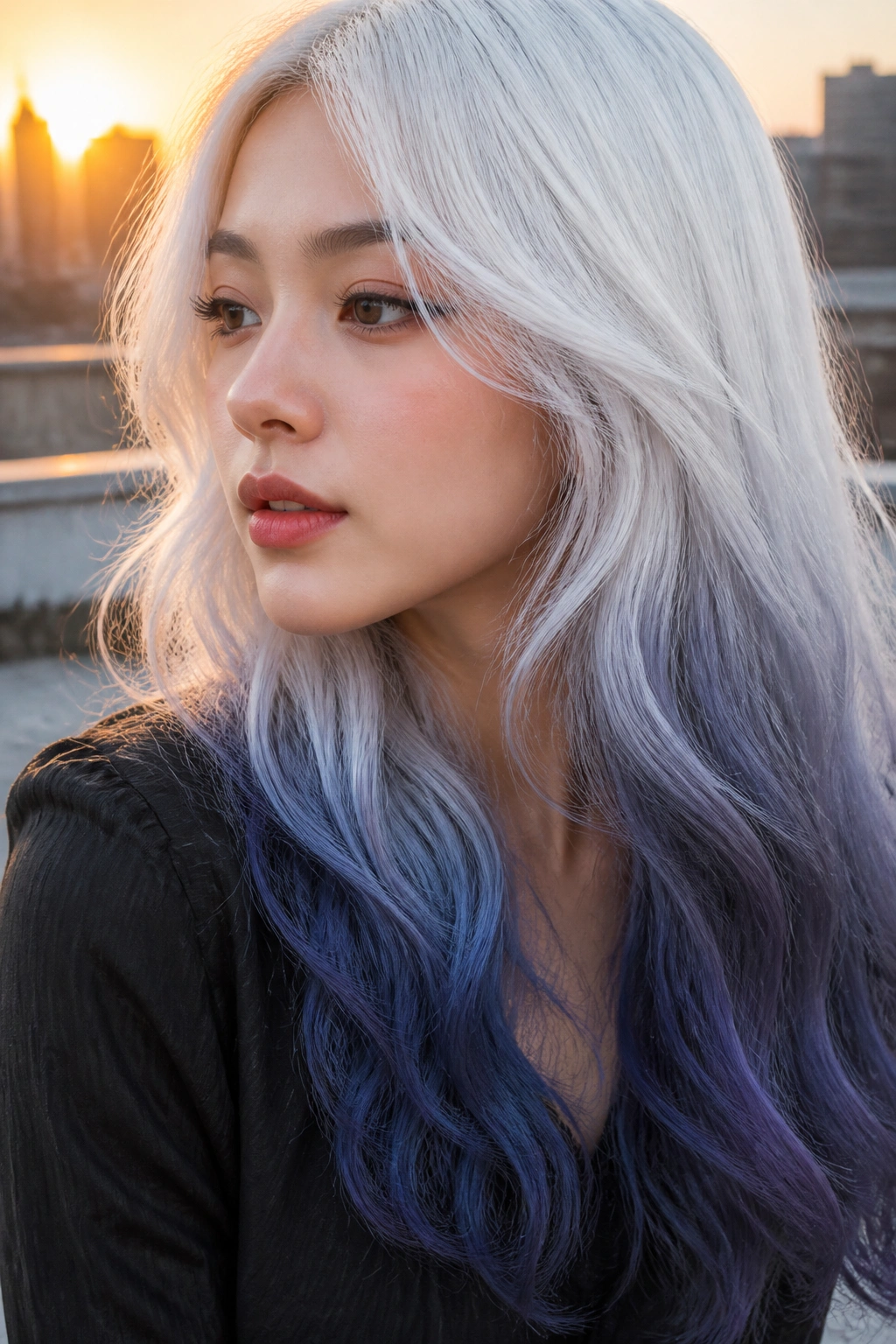 Long hair with blue-violet tinted ends over a white crown