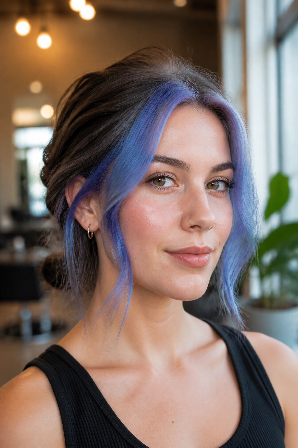 Close-up of a real woman with blueberry sorbet face-framing pieces around temples