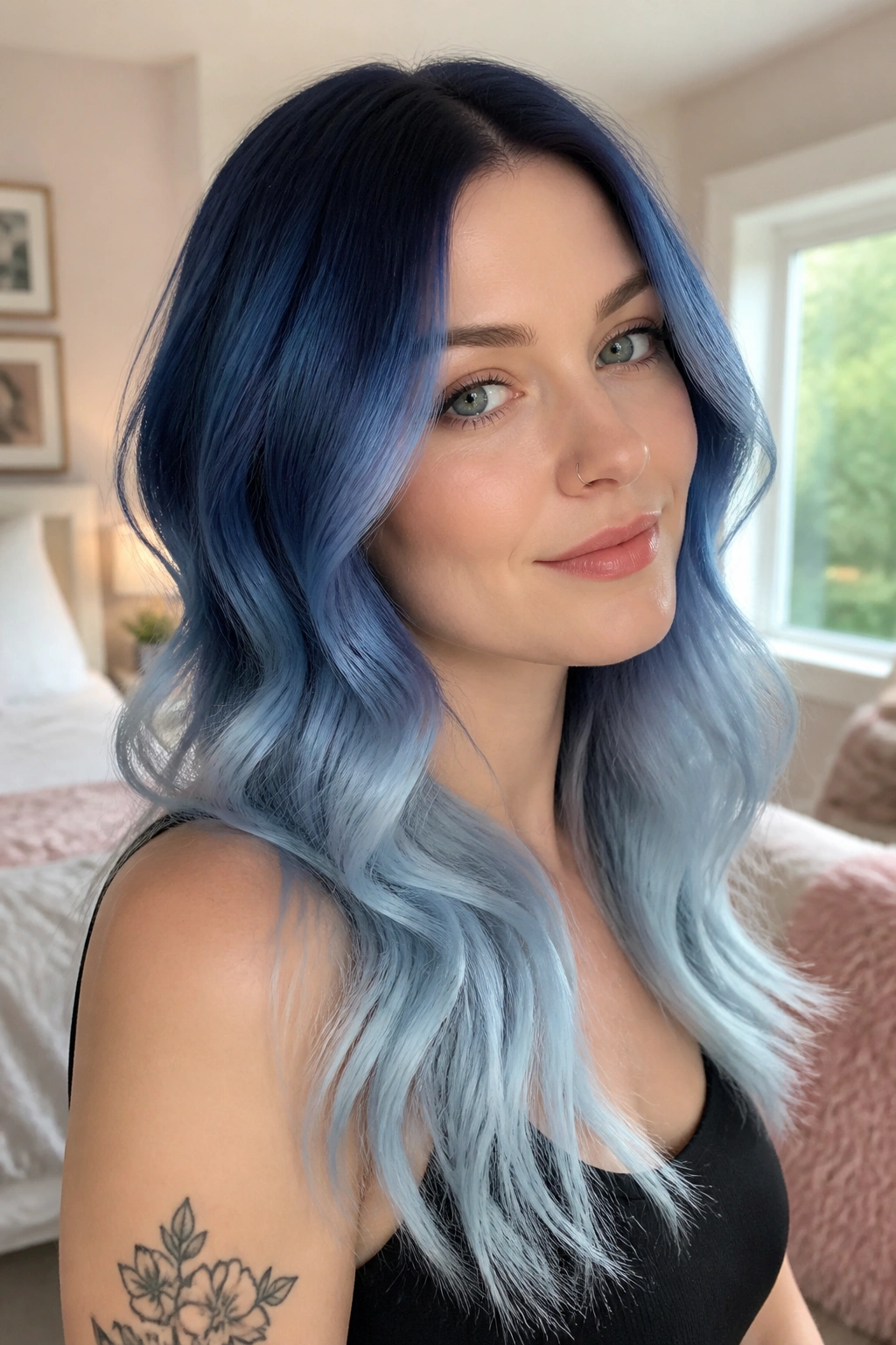 Close-up portrait of a real woman with a blueberry sorbet melt hair gradient from navy roots to icy blue ends