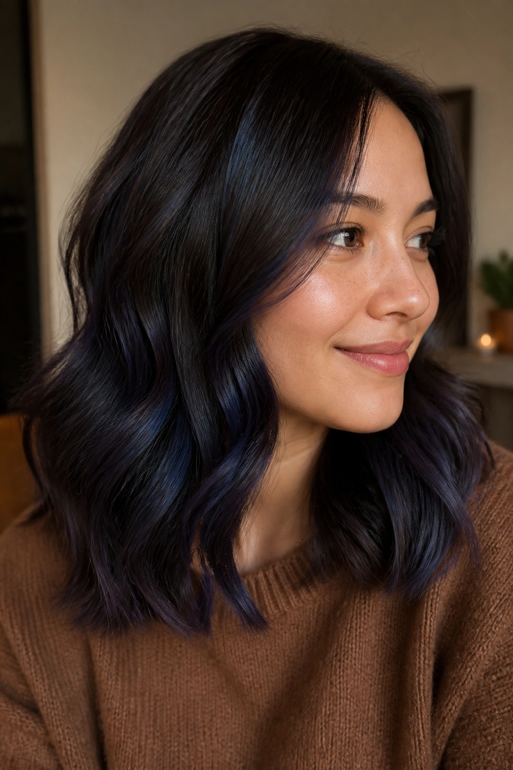 Close-up of espresso brown hair with blueberry tint, glossy and deep.