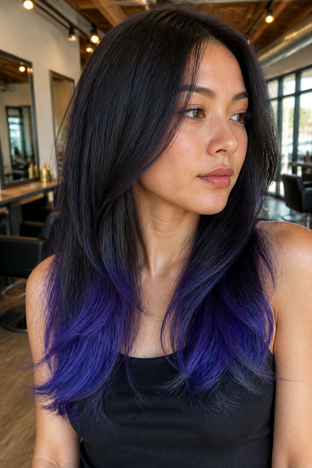 Close-up portrait of a real woman with blueberry-violet dip-dye ends on long layered hair in a salon setting