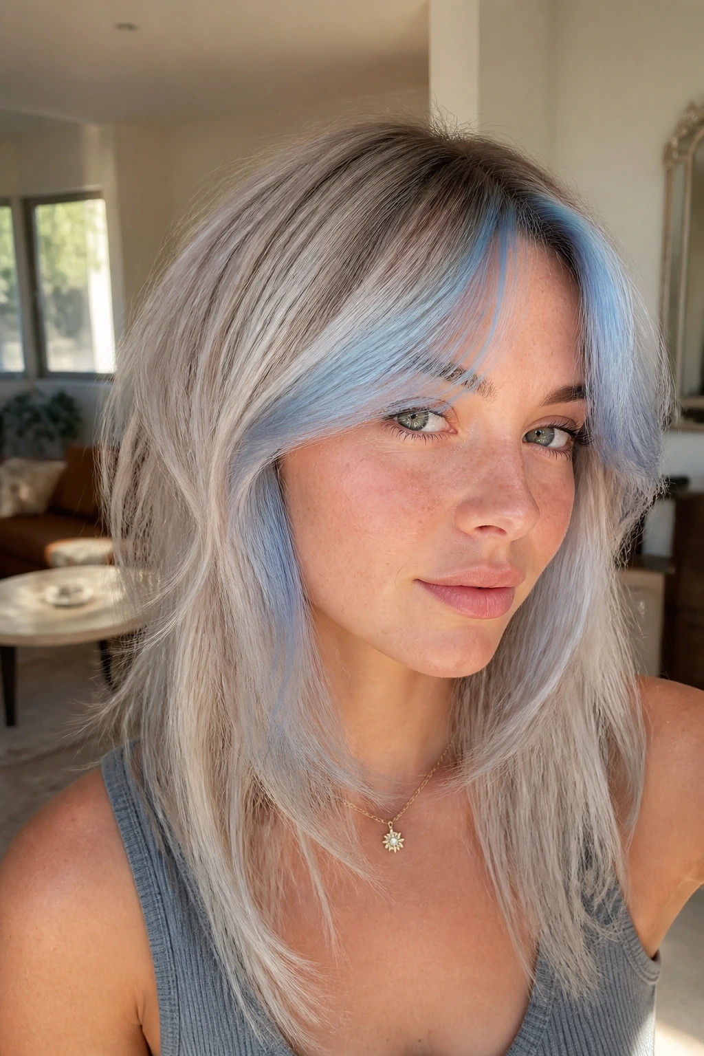 Portrait of a person with blue frosted curtain bangs framing the face