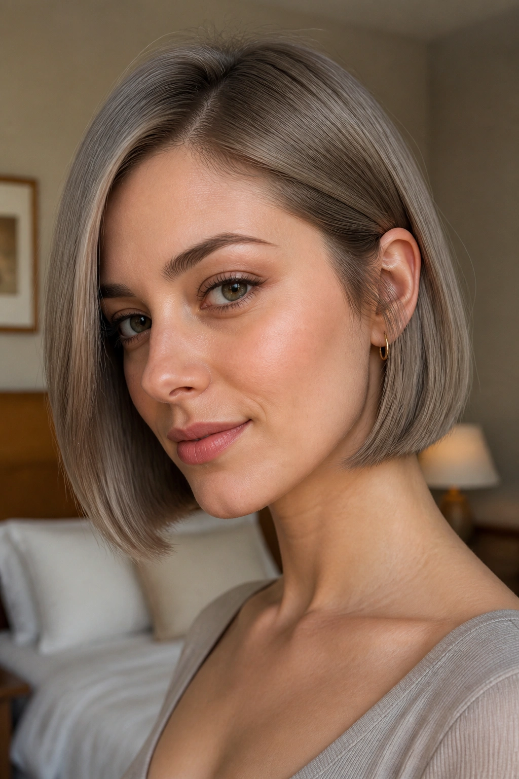 Close-up portrait of a real woman with chin-length blunt ash bob for fine hair, sharp edge and soft ash gloss.