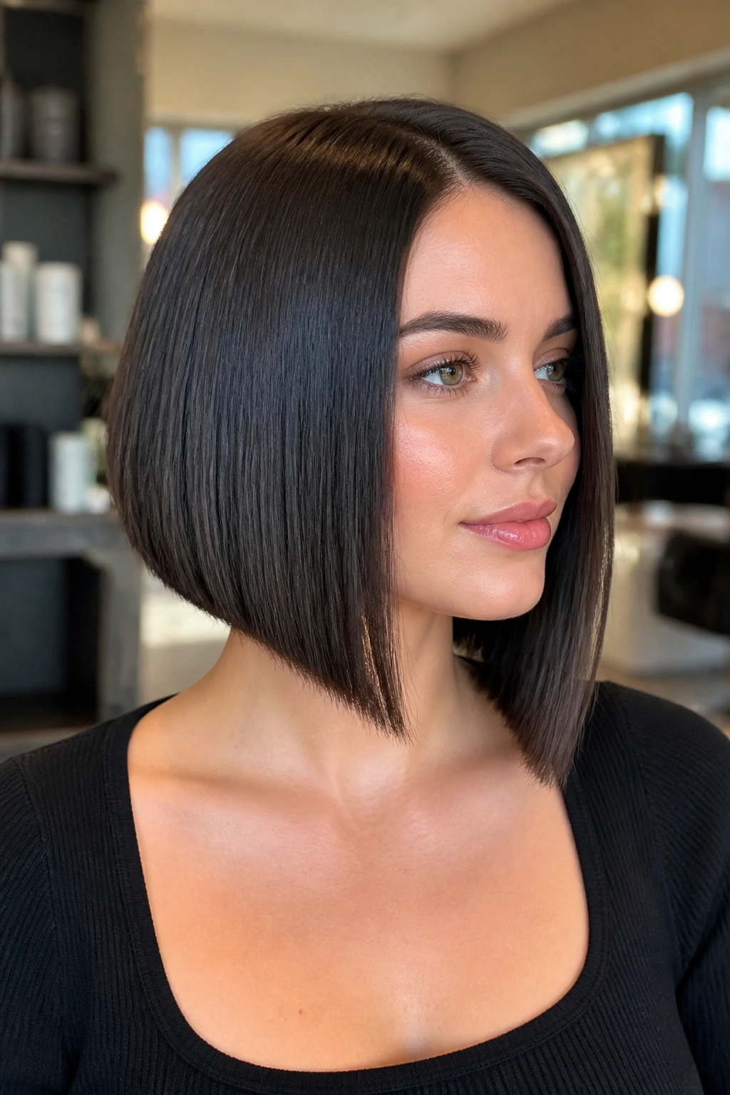 Close-up of a real woman with a blunt asymmetrical bob and clean edge in warm salon light