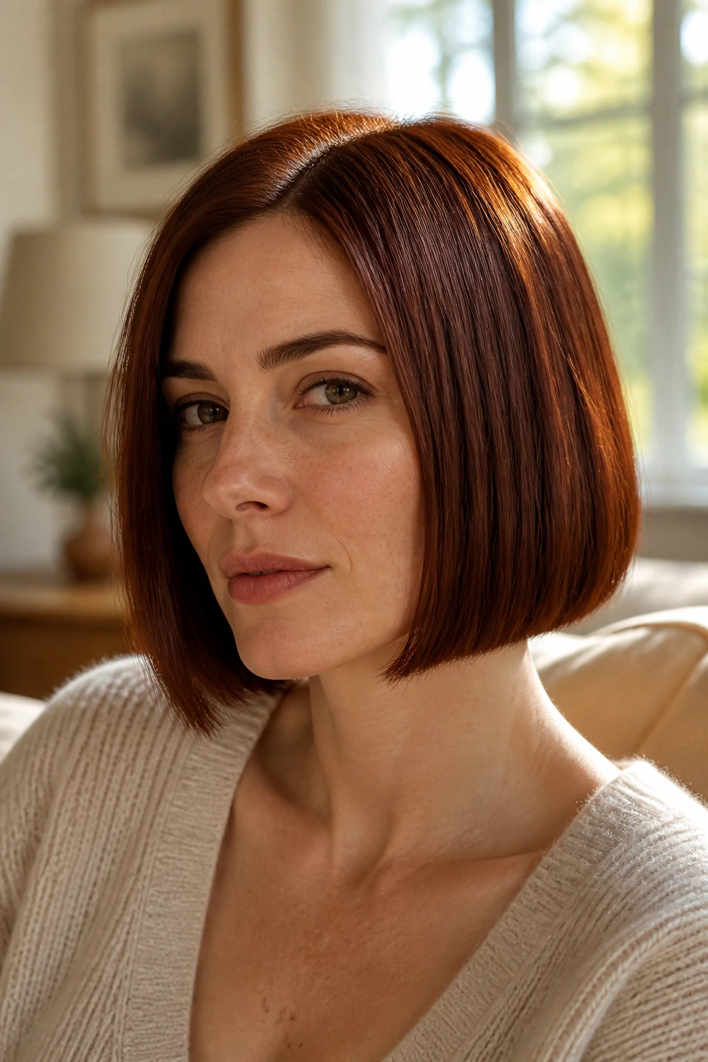 Close-up of a real woman with a blunt auburn bob in glossy finish.