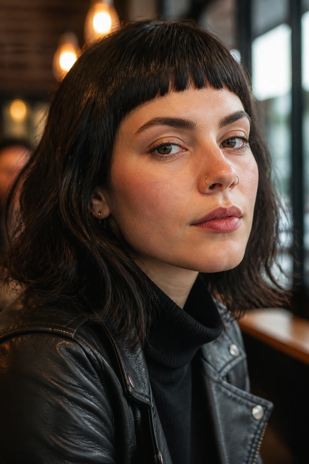 Close-up portrait of a real woman with micro bangs above the eyebrows.