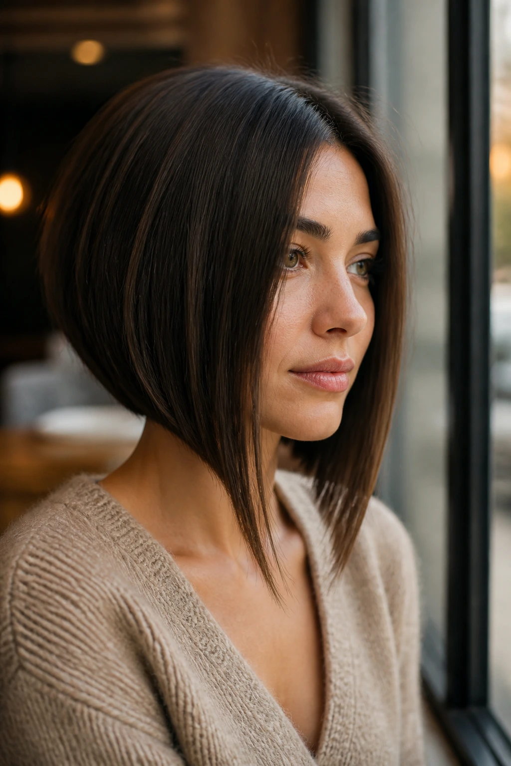 Portrait of real woman with blunt-back inverted bob and long front pieces
