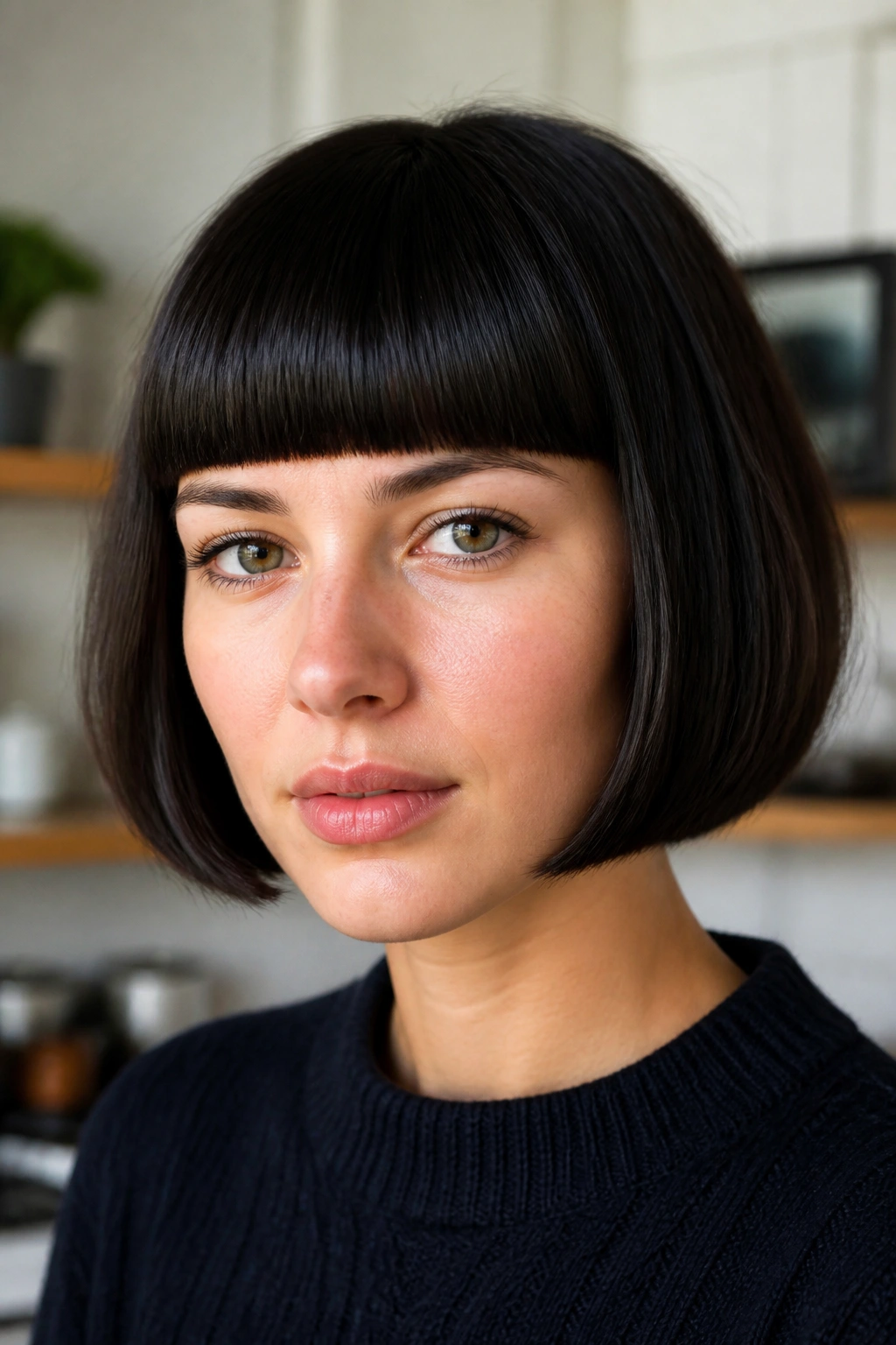 Woman with blunt bangs and short bob in natural light