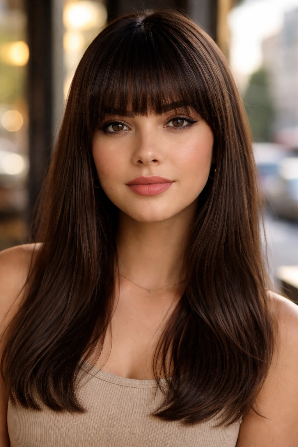 Close-up portrait of a real woman with blunt eyebrow-skimming bangs in a sunlit cafe