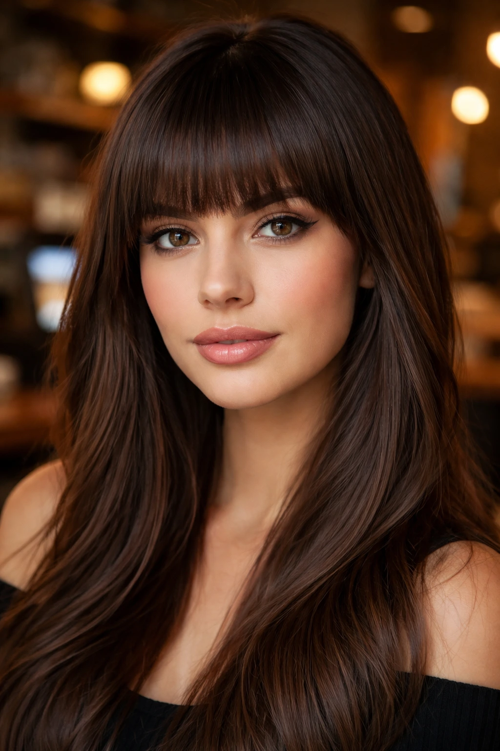 Close up of real woman with blunt bangs hairstyle