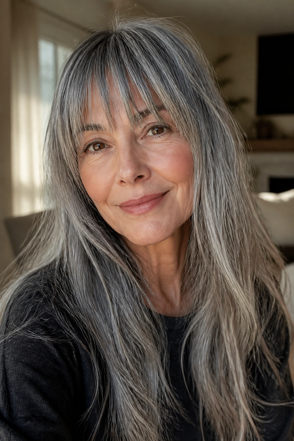 Close-up portrait of a real woman with long hair and piecey blunt bangs