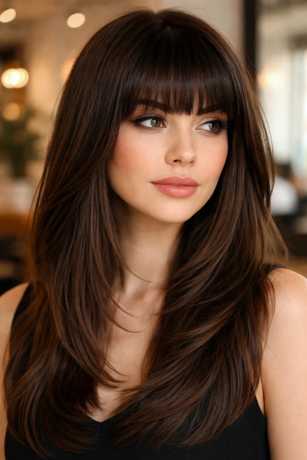 Close-up of blunt bangs with long layers on a real woman in warm window light