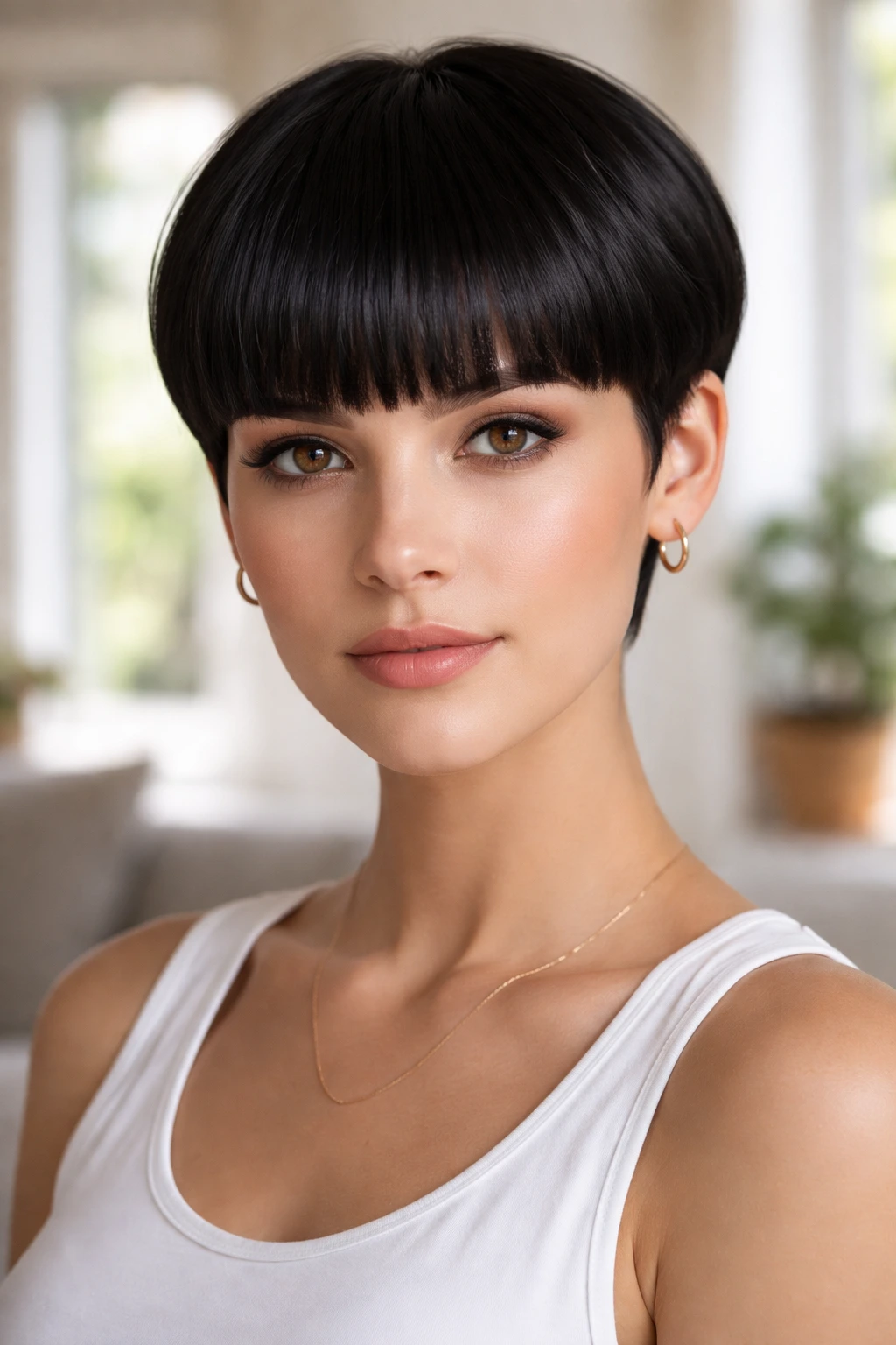 Front view of a real woman with blunt bangs pixie in bright indoor light