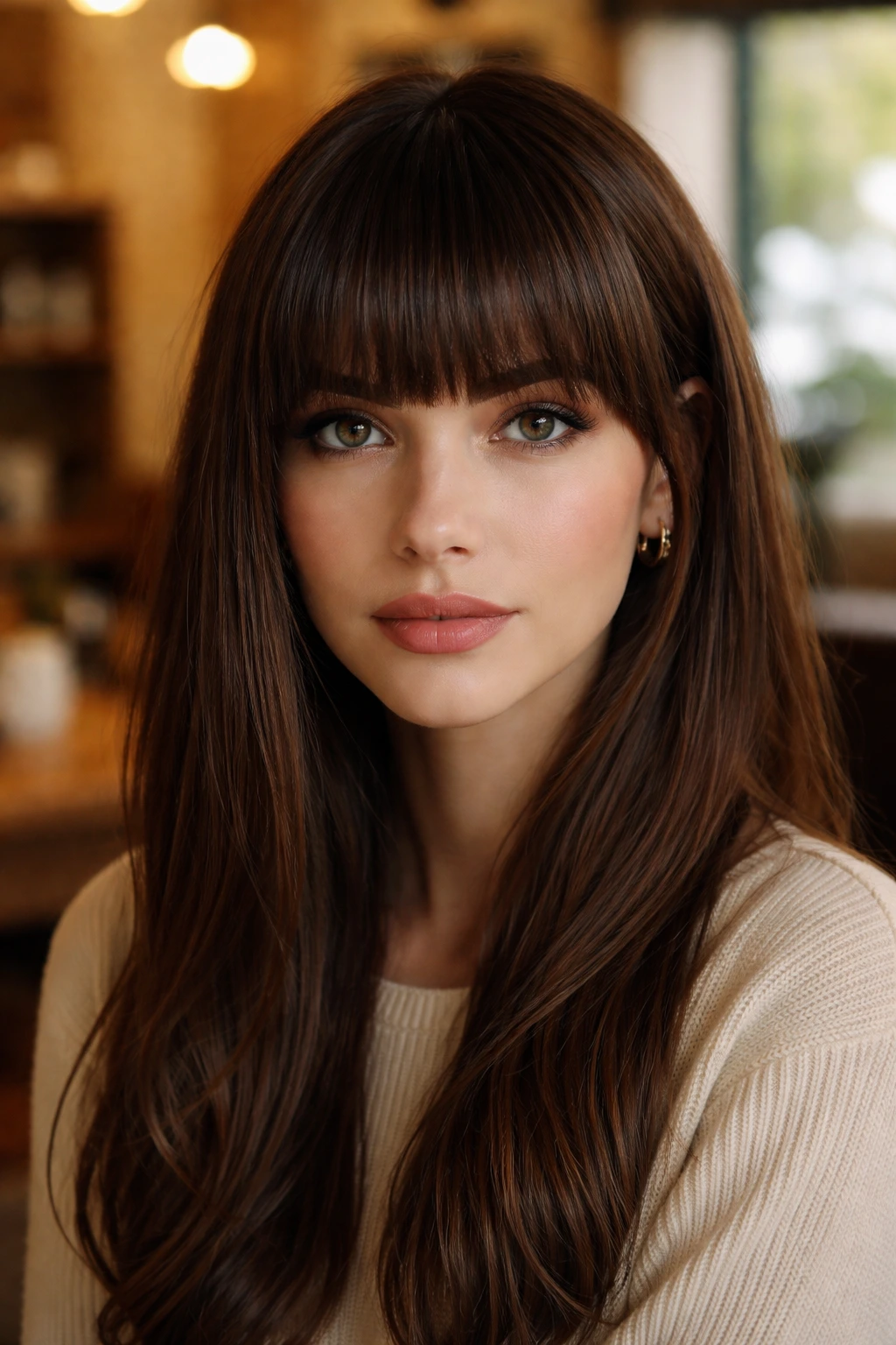 Close-up of a real person with blunt bangs framing the eyes