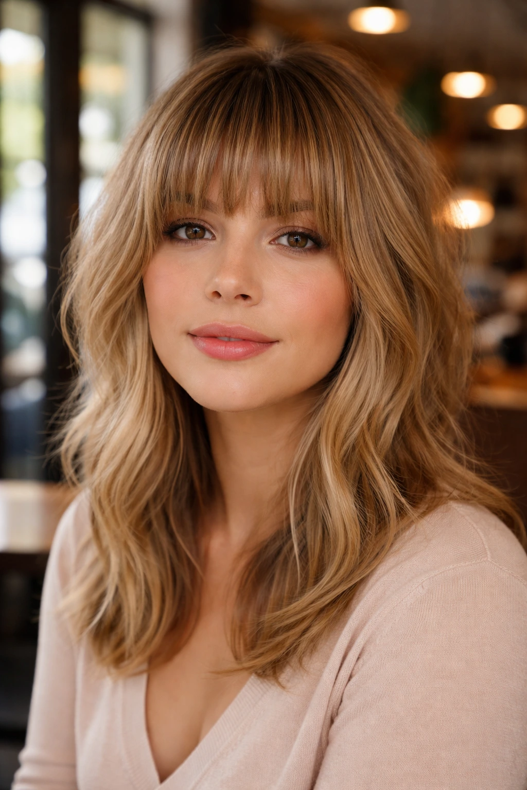 Real woman with blunt bangs and shaggy textured layers