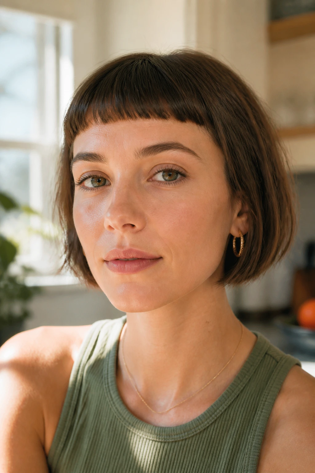 Close-up of a woman with blunt baby bangs in bright natural light