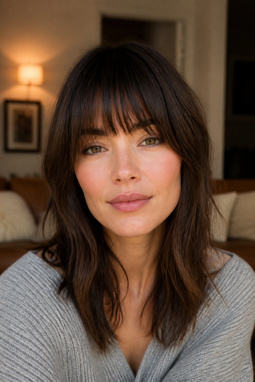 Close-up of brunette woman with textured blunt bangs
