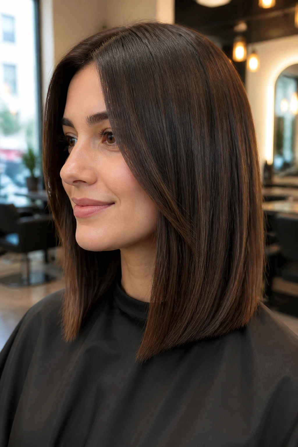Real woman with a polished blunt base and hidden layers hairstyle
