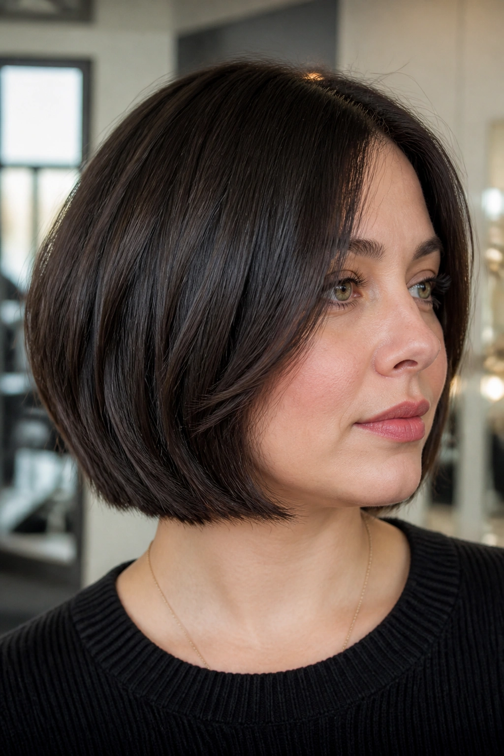 Close-up portrait of a real woman with a blunt base and internal layers providing movement.