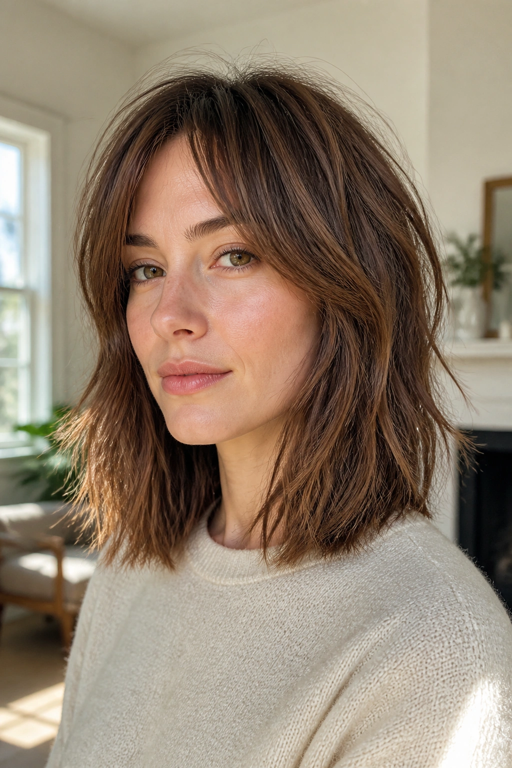 Close-up of a real person with shoulder-length shag and blunt base in sunlit room