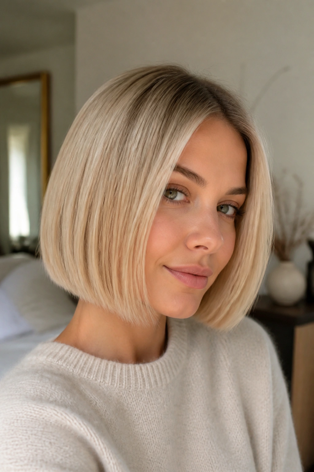 Close-up of a real woman with a chin-length blunt blonde bob in beige tones