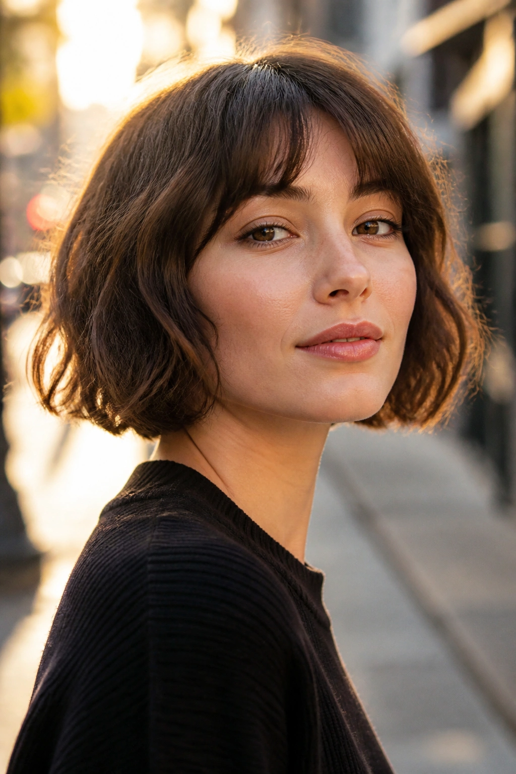 Close-up portrait of a real woman with a blunt bob and airy ends on a sunny urban sidewalk