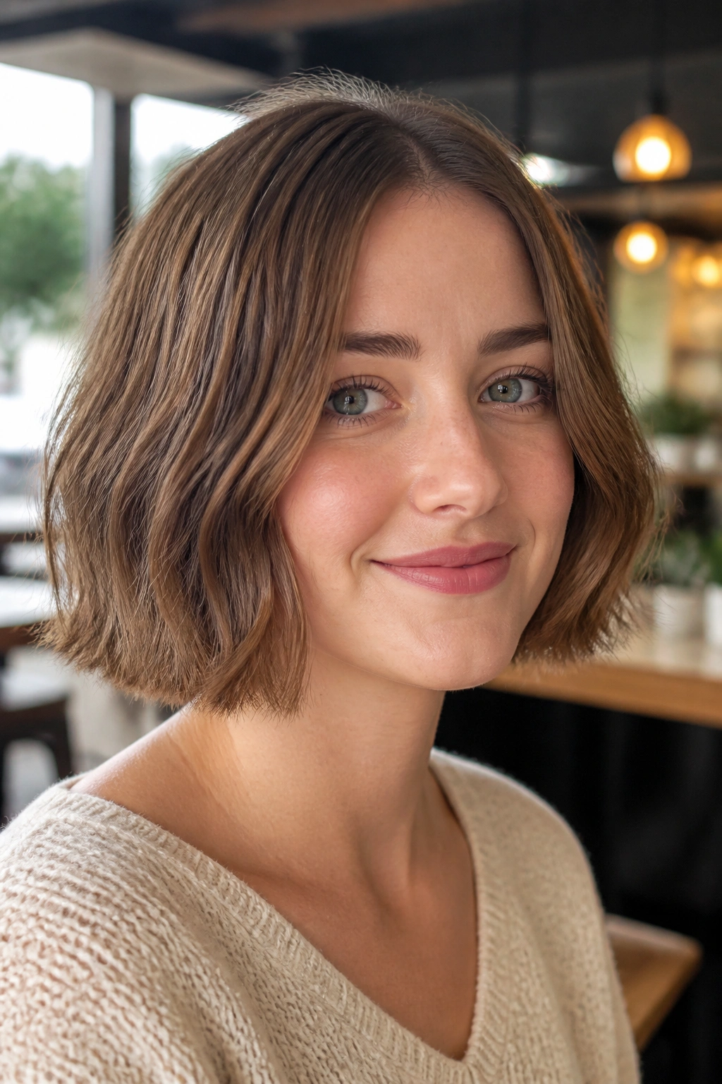 Close-up portrait of a real woman with a blunt bob and airy ends