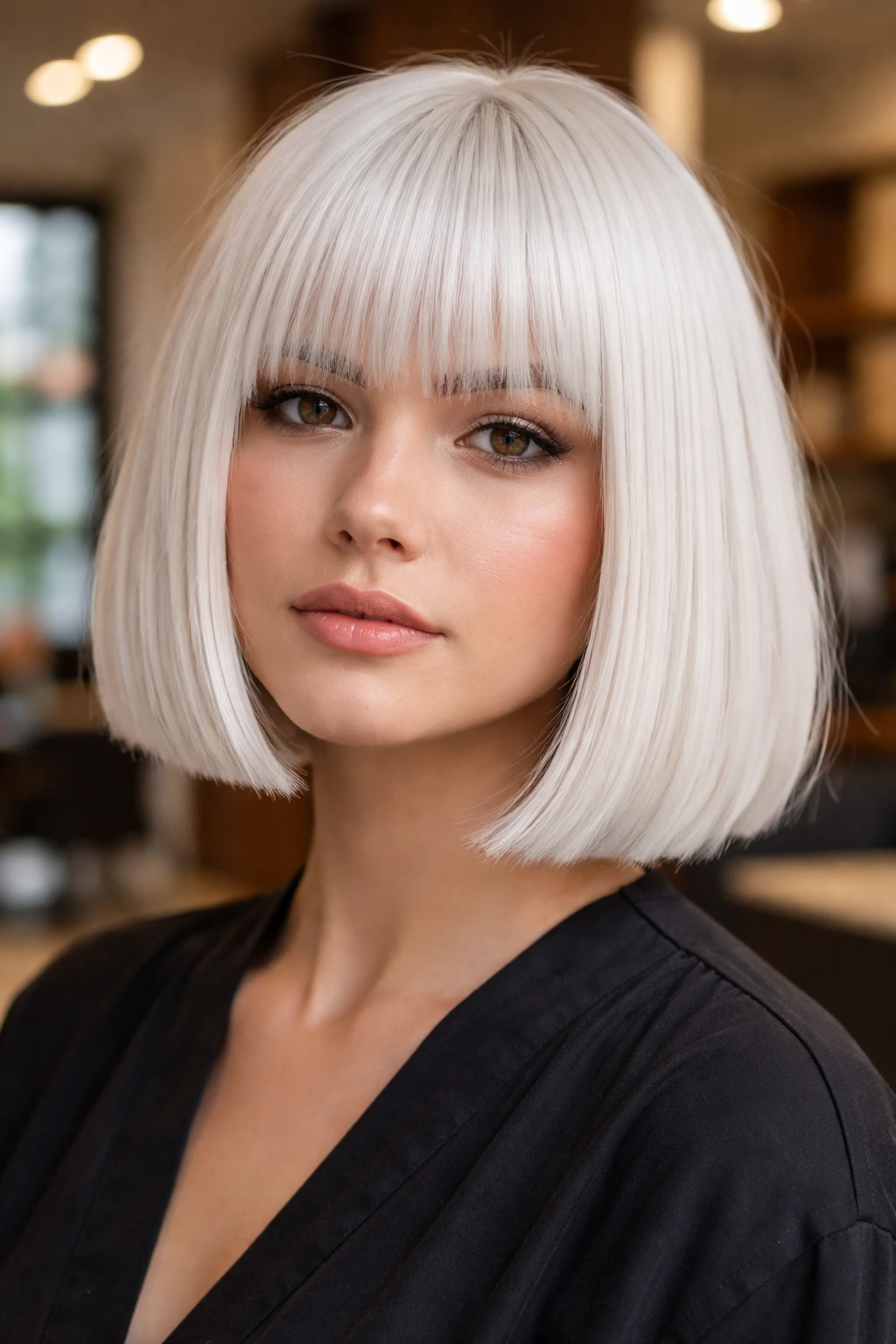 Close-up of a real person with a white blunt bob and straight bangs in a salon setting.
