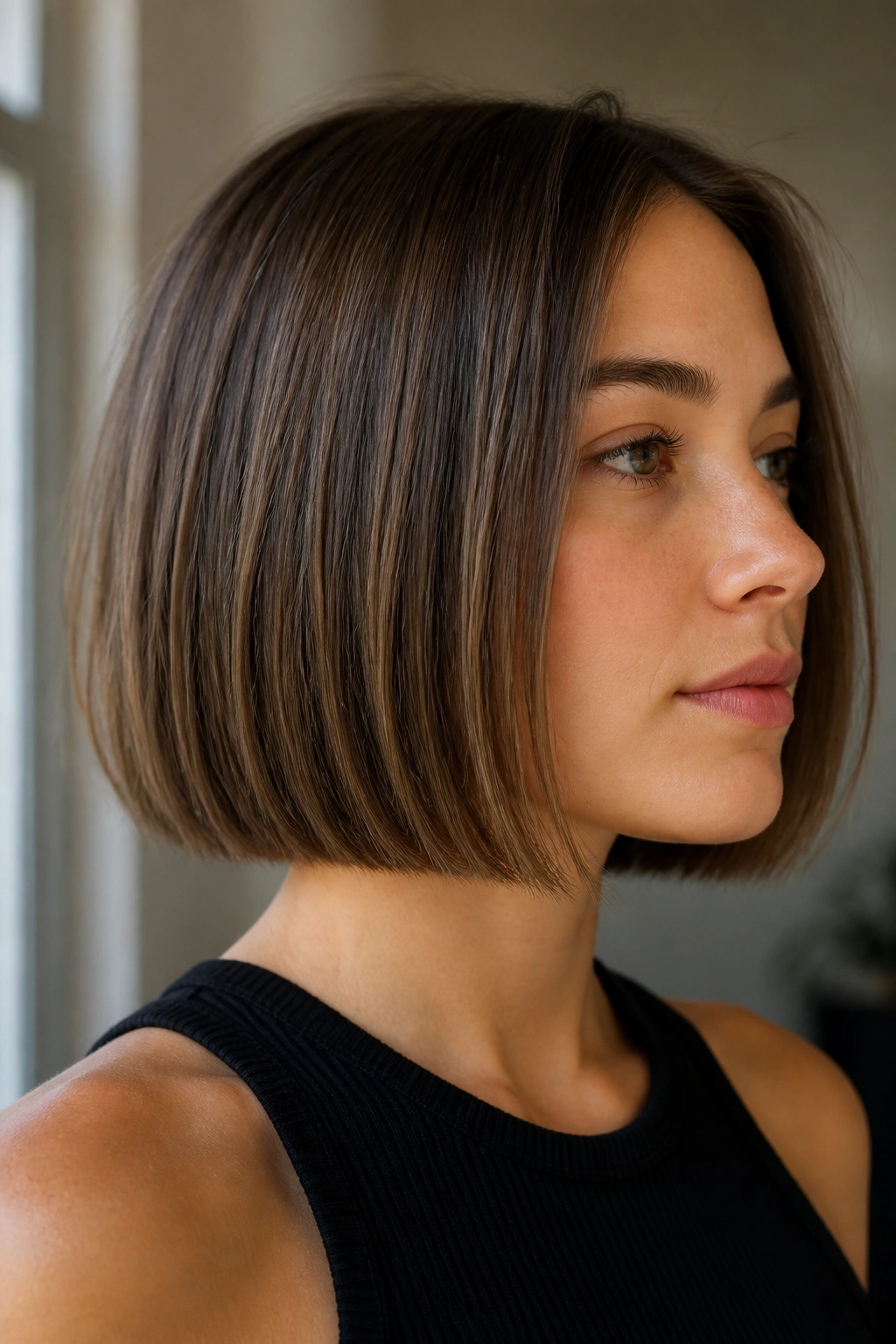 Close-up portrait of a real person with a crisp blunt bob and subtle end texture.