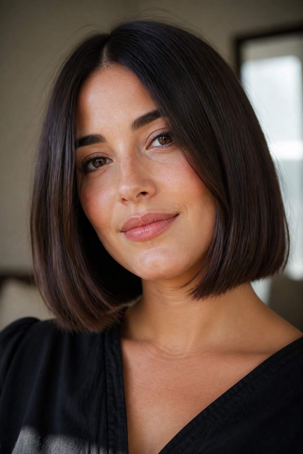 Real woman with shoulder-grazing blunt bob and beveled ends.