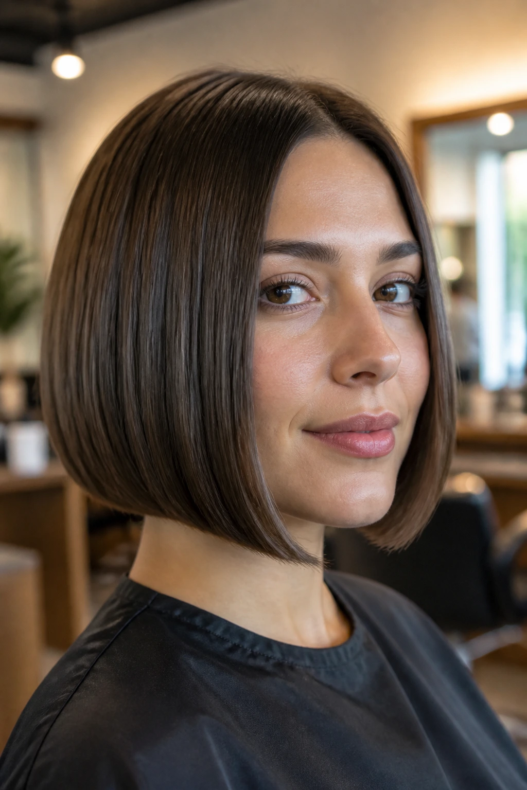 Close-up of a real woman with blunt bob featuring inward bevels and stacked back
