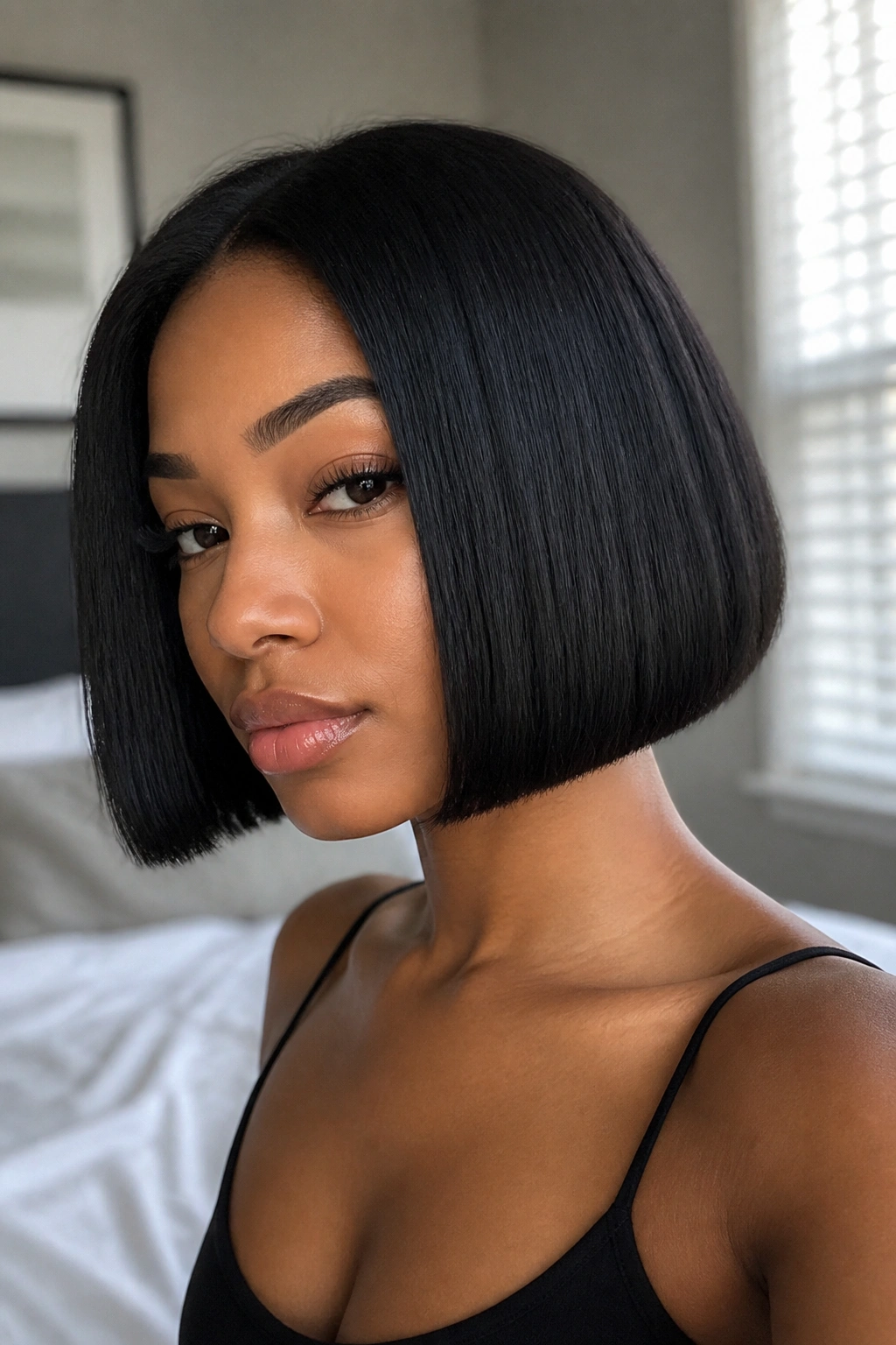 Close-up of a real woman with a chin-length blunt black bob and crisp chin-line