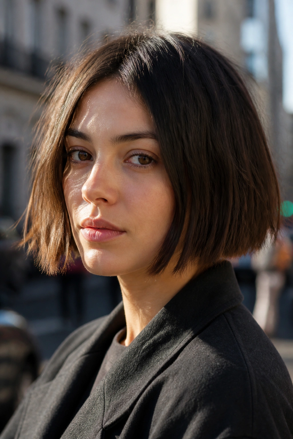 Close up of a real woman with blunt bob and broken ends