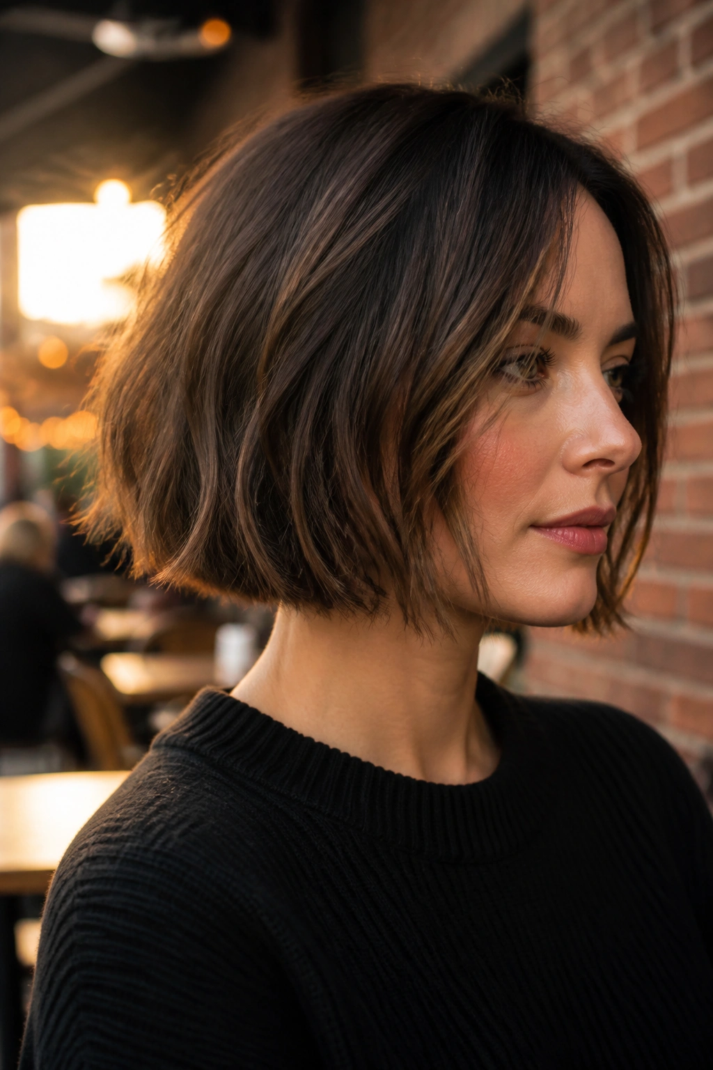 Portrait of real woman with blunt bob and broken texture