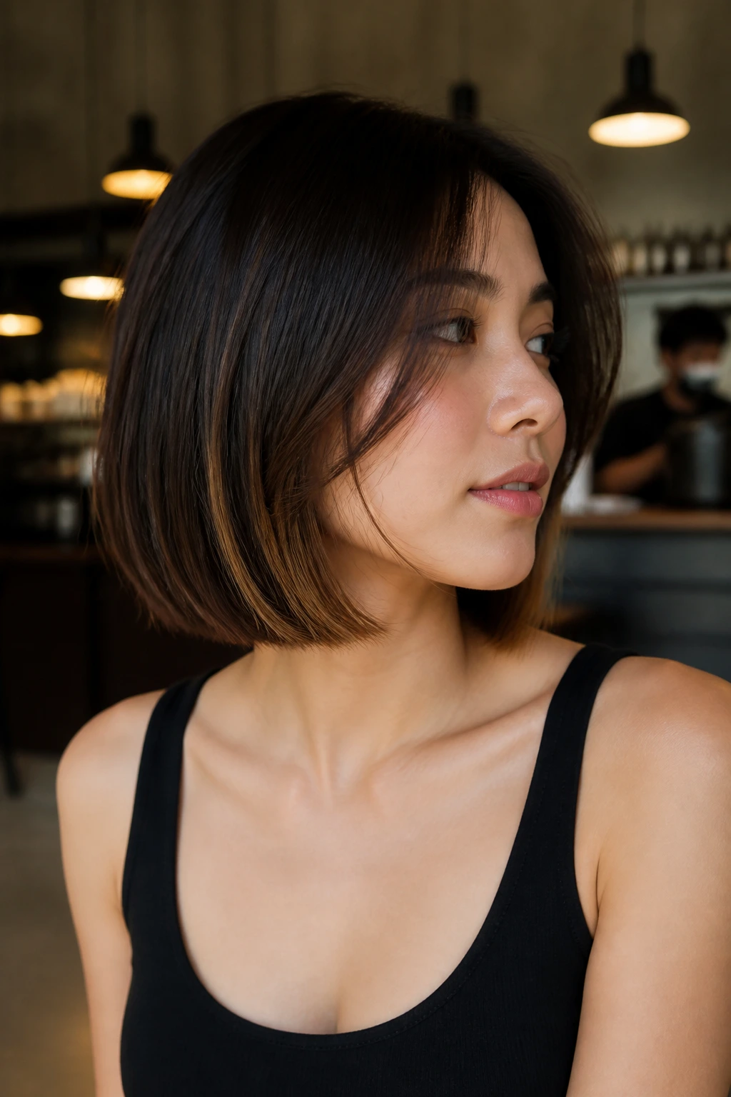 Close-up of a real woman showing a blunt bob with subtle caramel underlights