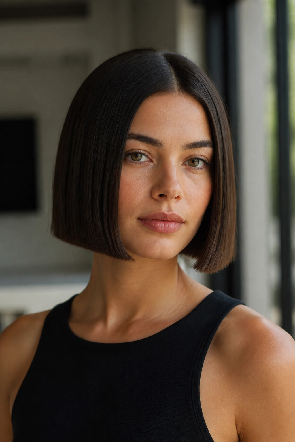 Real person with blunt bob and center part in natural light.