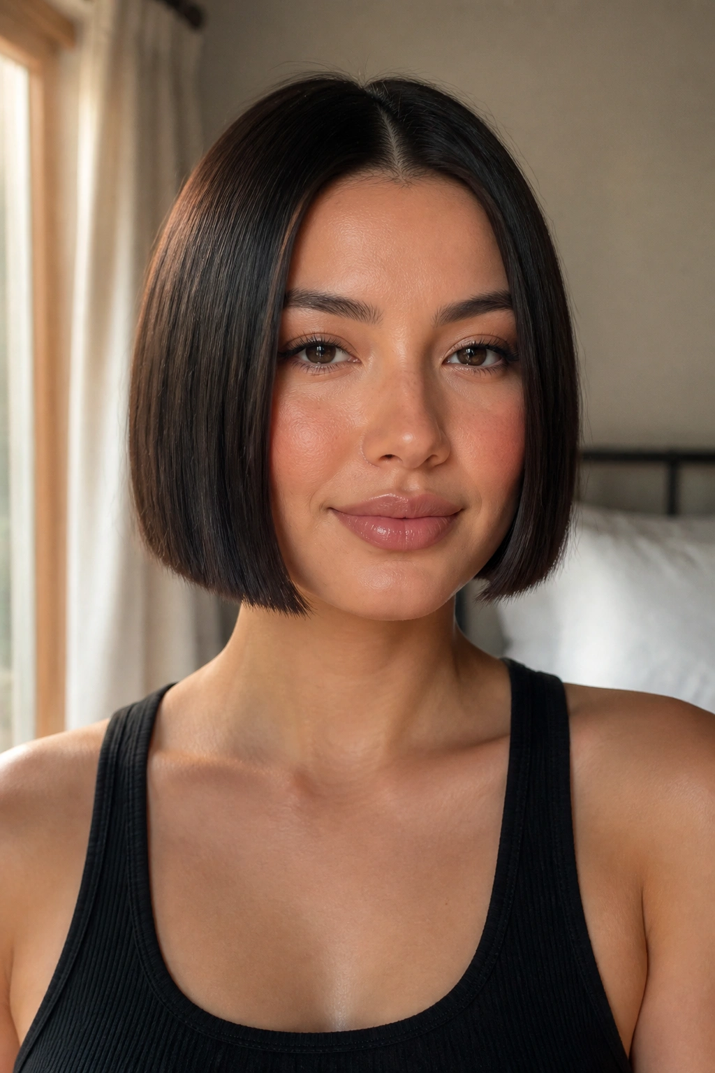 Chin-length blunt bob with center part on real woman, close-up portrait.