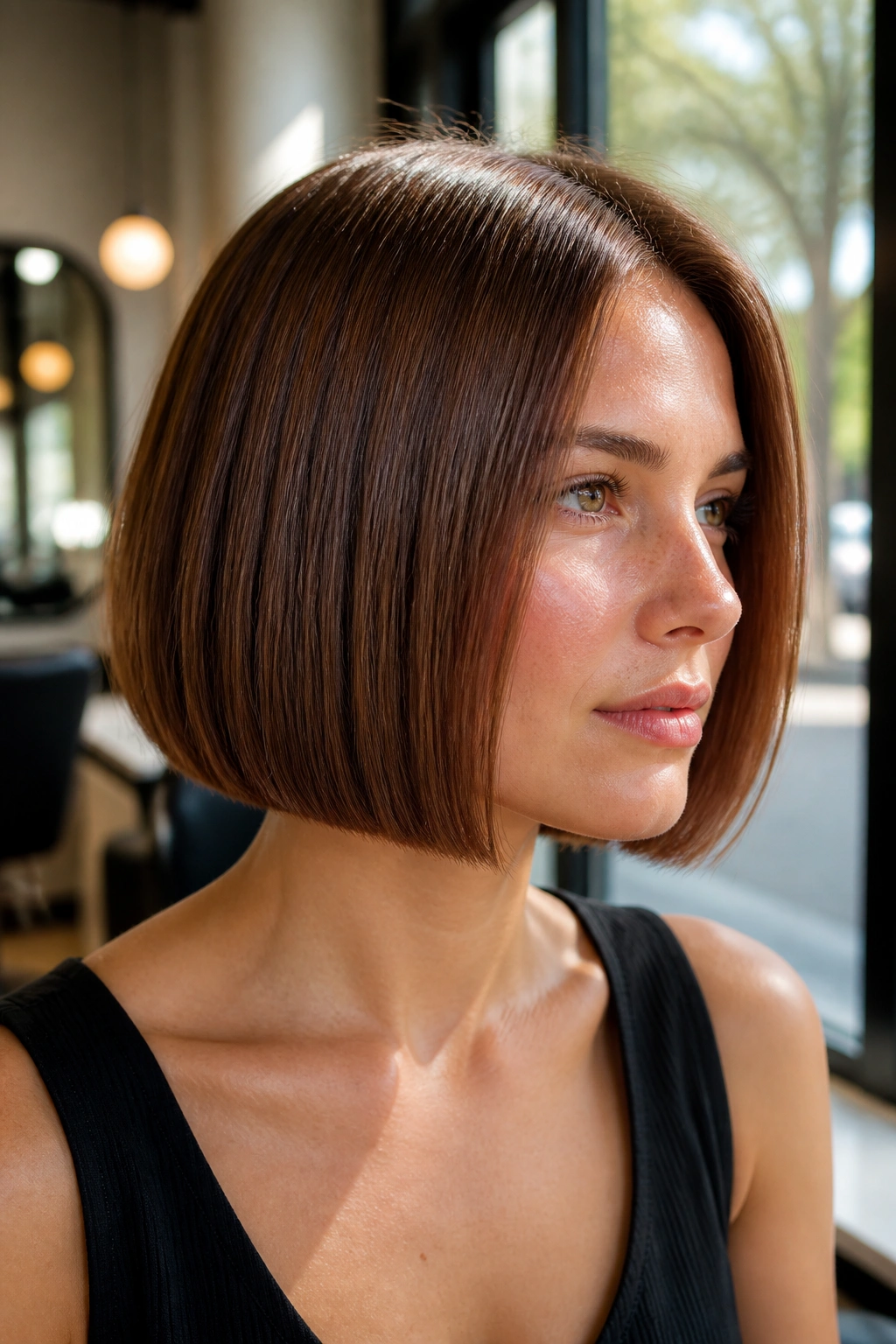 Close-up of a real person with a chestnut chin-length blunt bob and glossy finish