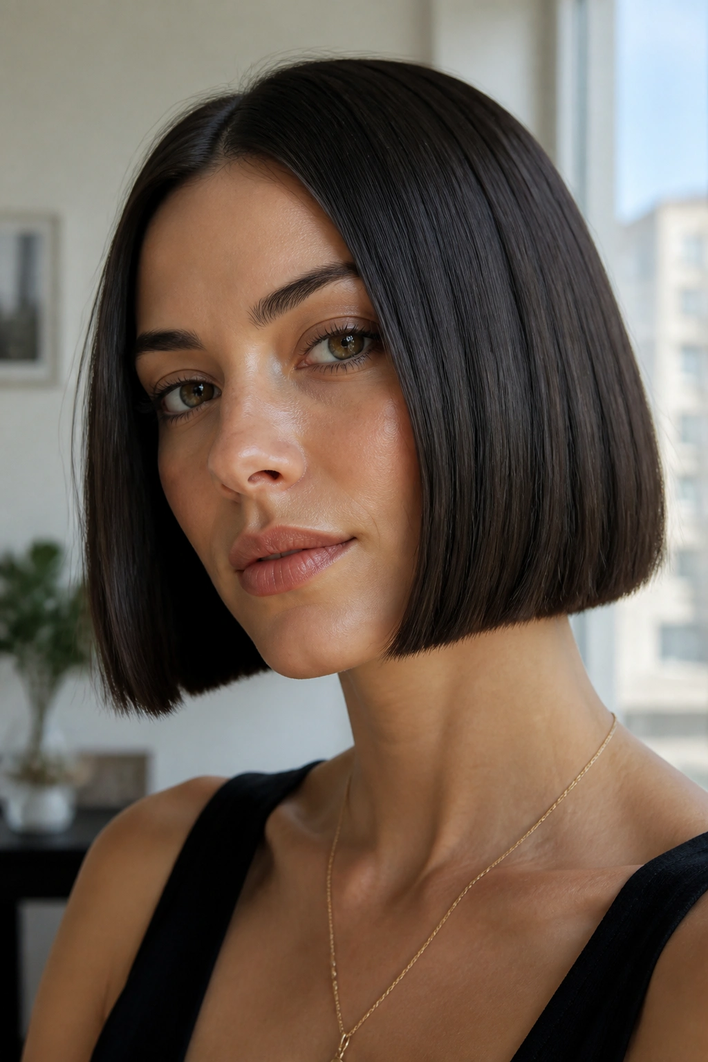 Real woman with chin-length blunt bob, crisp ends, soft light.