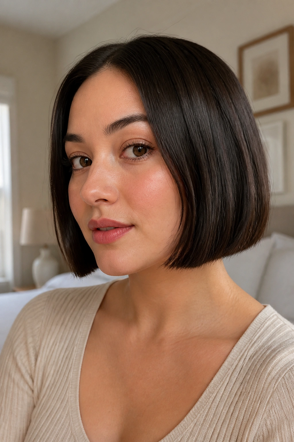 Close-up portrait of a real woman with a chin-length blunt bob featuring a crisp edge.