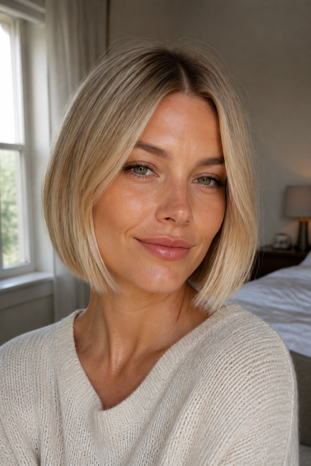 Close-up portrait of a woman with a chin-length blunt bob and a soft center part in creamy blonde