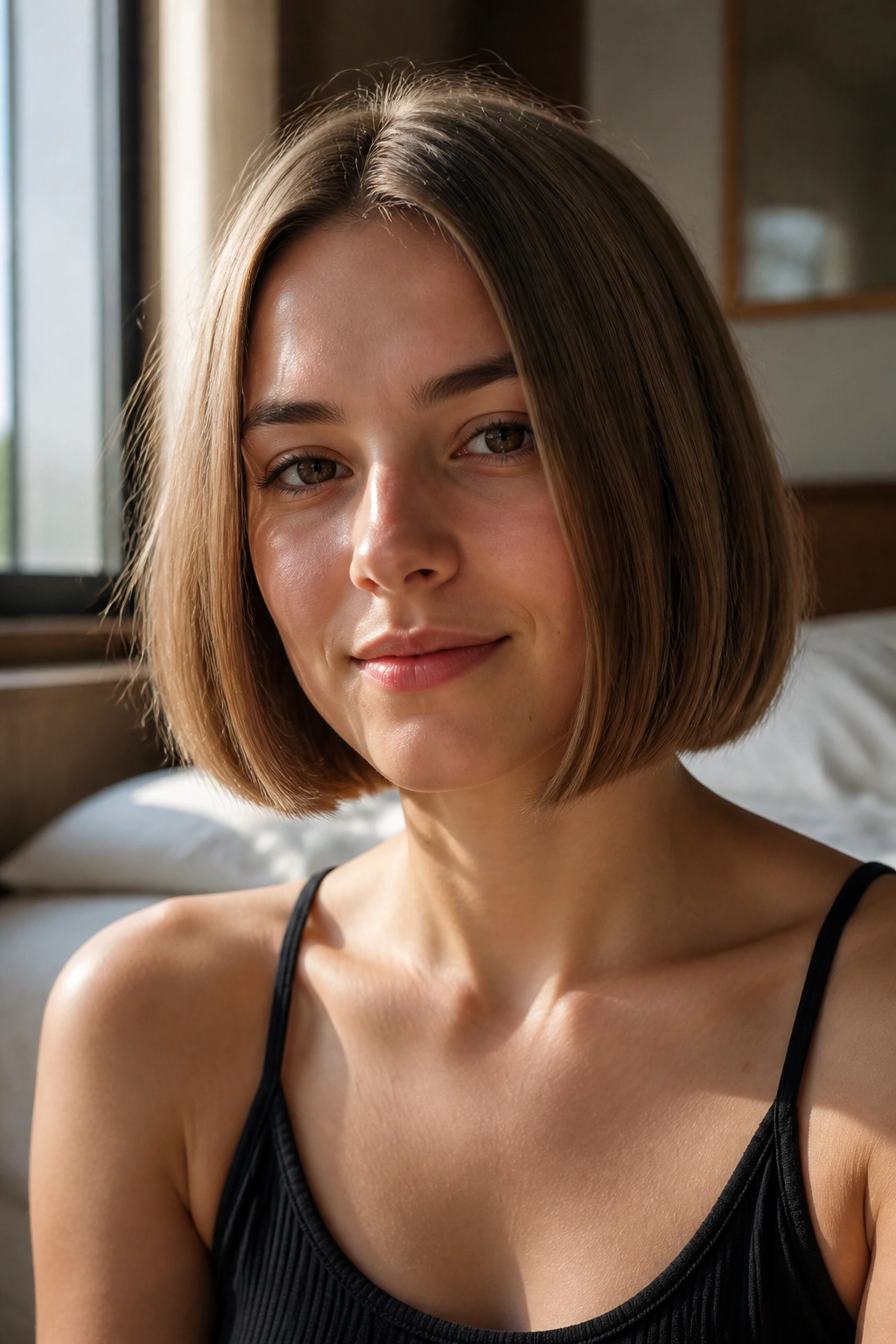 Close-up of a real woman with a blunt chin-length bob under natural window light.