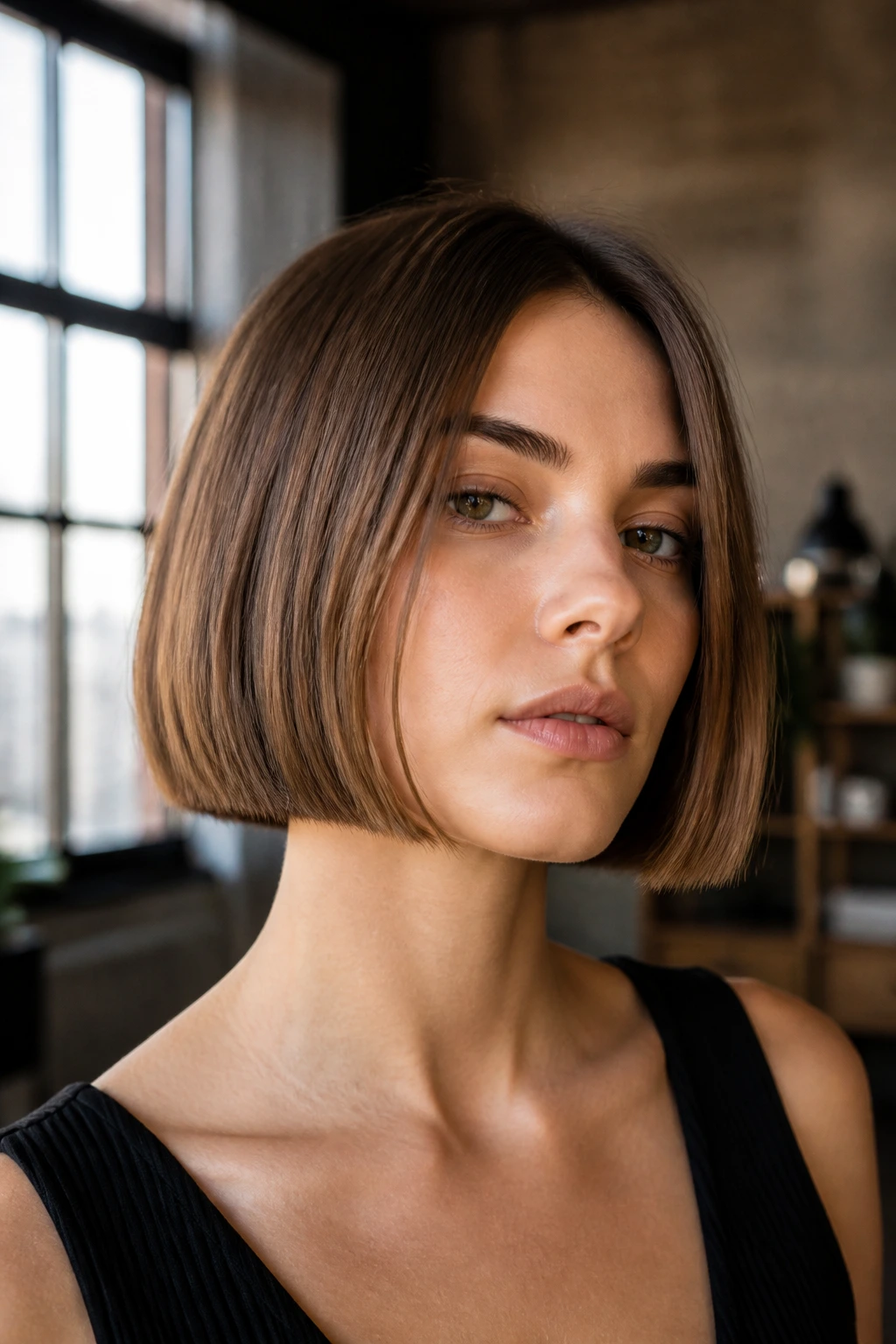 Close-up of a woman with a chin-length blunt bob and sharp, even ends