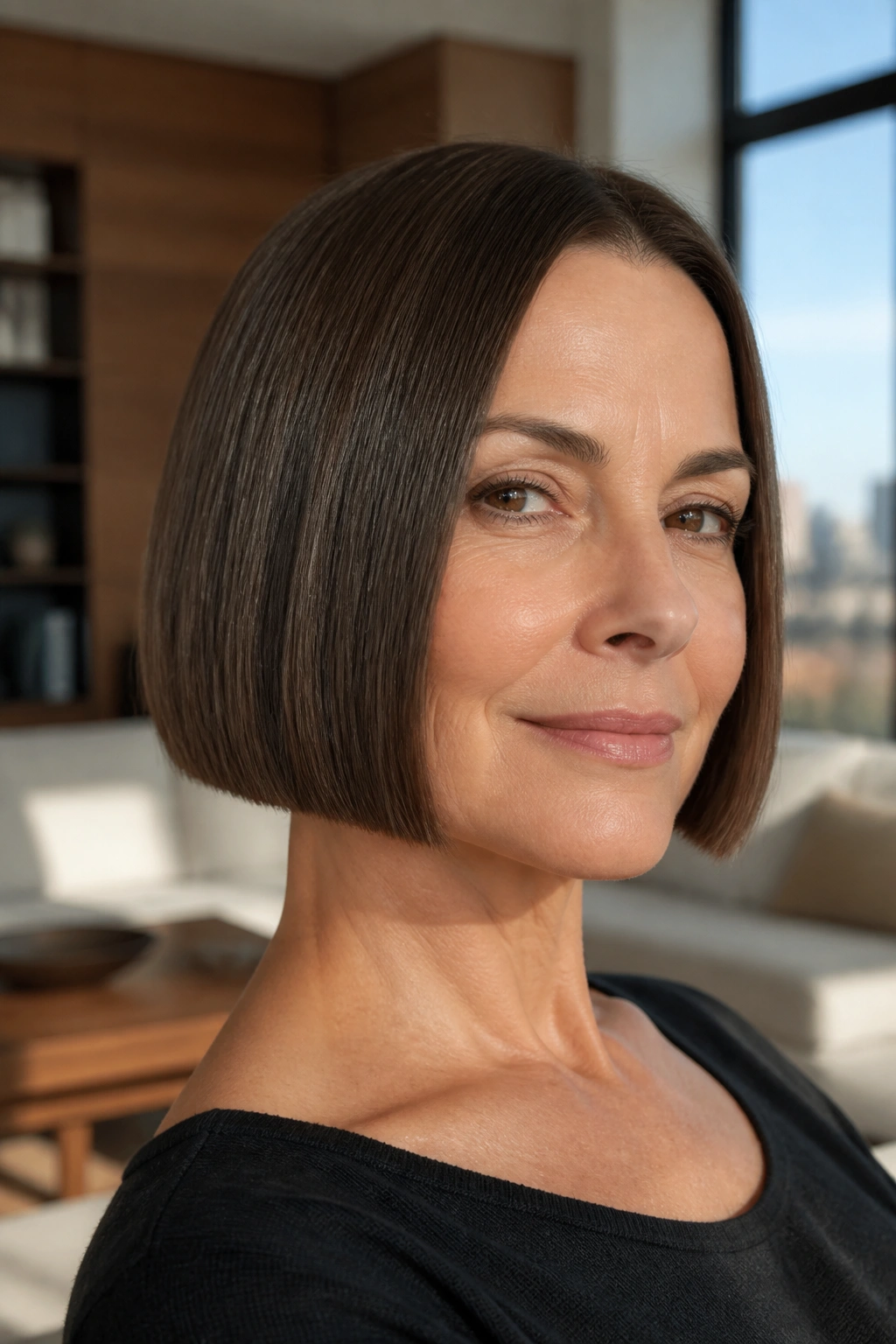Close-up of a real woman with a blunt bob and clean edge in bright light