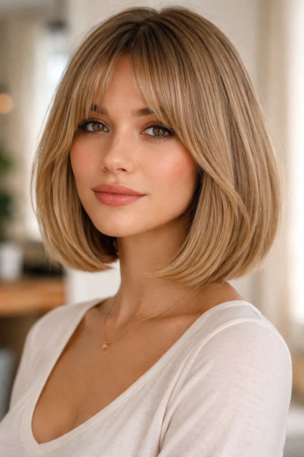 Real woman with blunt bob and curtain bangs in bright natural light