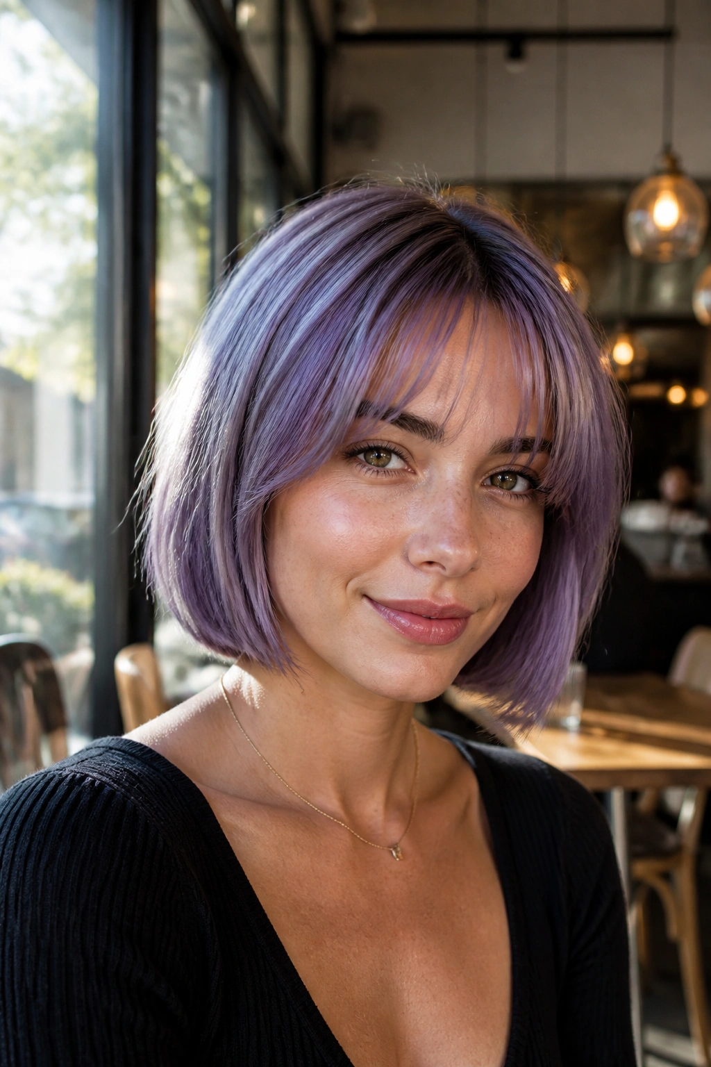Close-up portrait of a real woman with a blunt bob and curtain bangs in soft daylight.